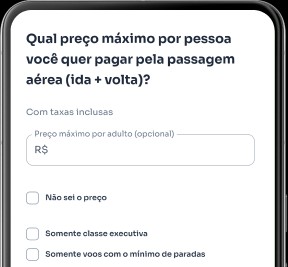 Imagem de uma tela de celular mostrando a página do MaxRadar, onde é possível selecionar o preço máximo por pessoa desejado para passagens aéreas.